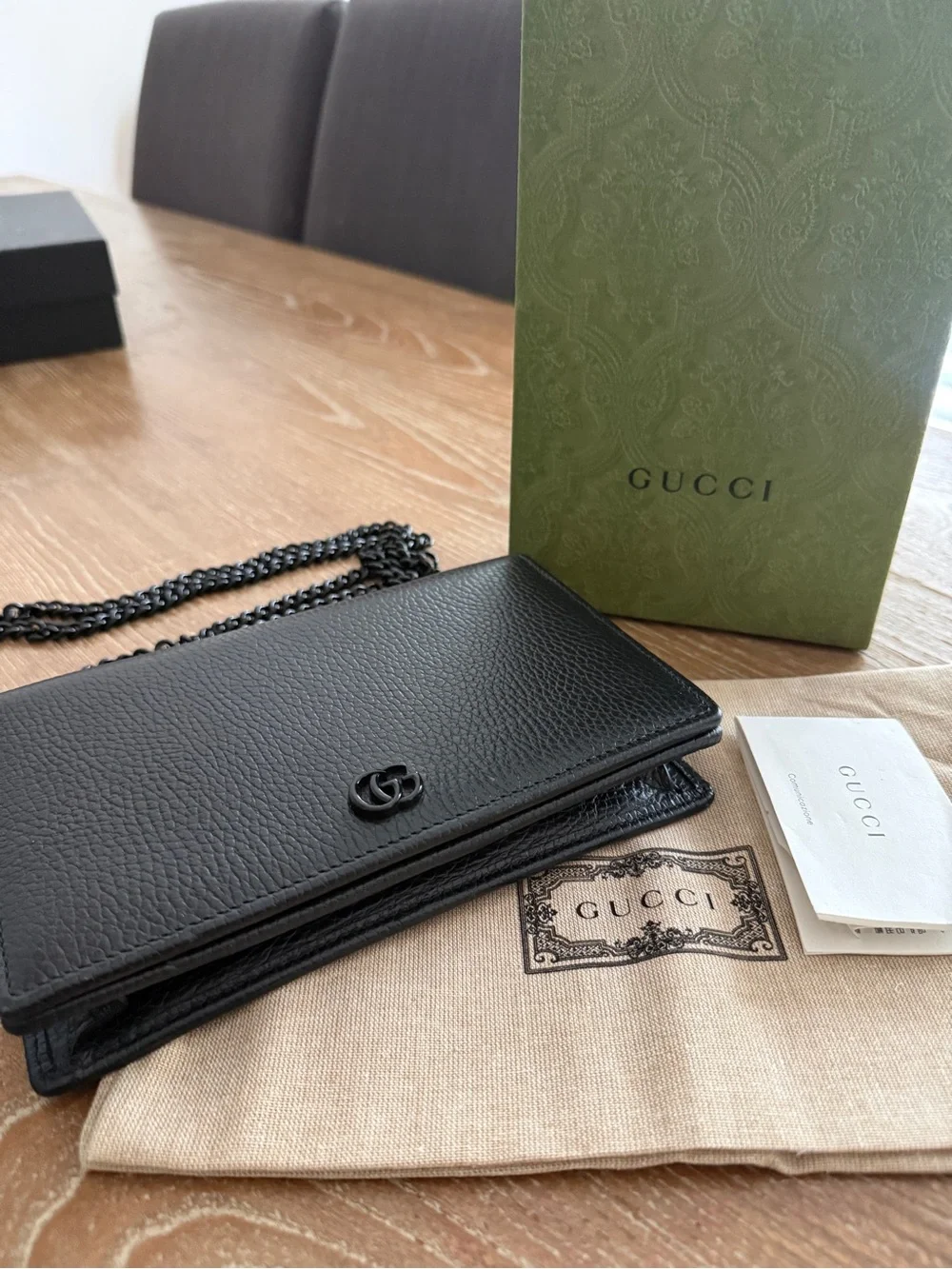 Gucci Black Pebbled Leather Chain Wallet Crossbody - Picture 3 of 7